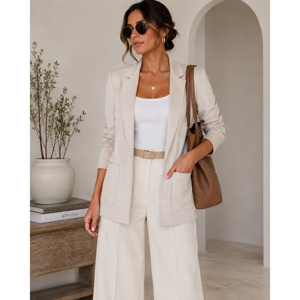 Faux Suede Blazer Jacket Neutral Minimalist Quiet Luxury Capsule Clean Girl SZ L